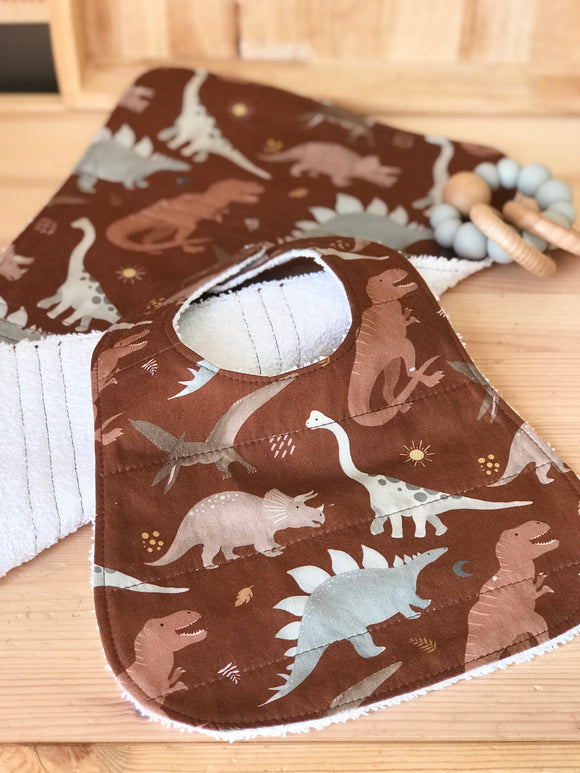 Brown Dino Bib & Burp Cloth Set