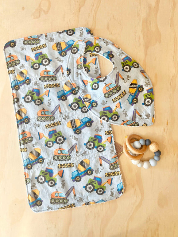 Blue digger & trucks Bib and Burp Cloth Set