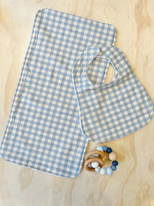 Speckled Soft Blue gingham Bib and Burp Cloth Set