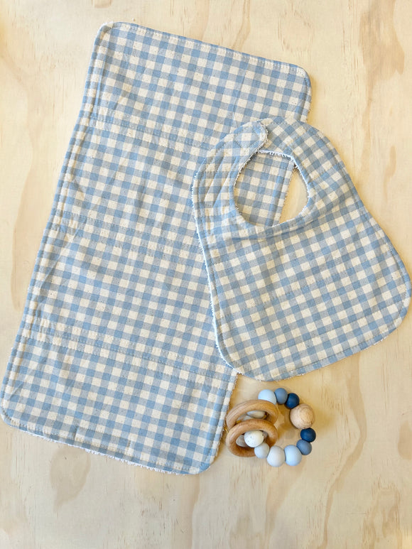 Speckled Soft Blue gingham Bib and Burp Cloth Set