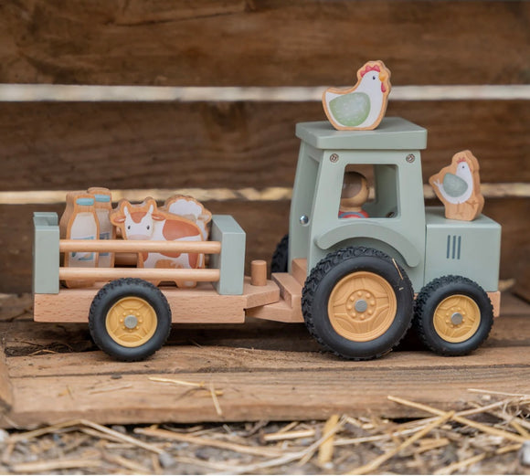 Little Dutch Little Farm Tractor With Trailer Wooden Baby Toy