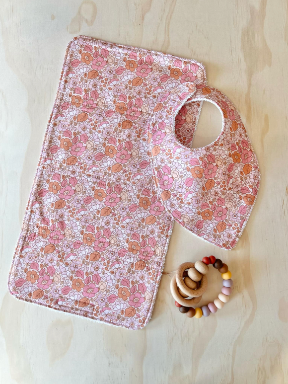 Pink Floral Bib & Burp Cloth Set