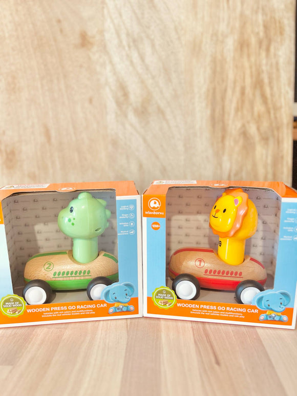 Wooden press go racer with sound & light (LION & DINO)