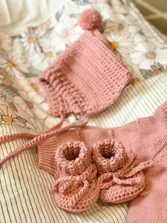 Dusty Pink Bonnet and Bootie Set (with pompom)